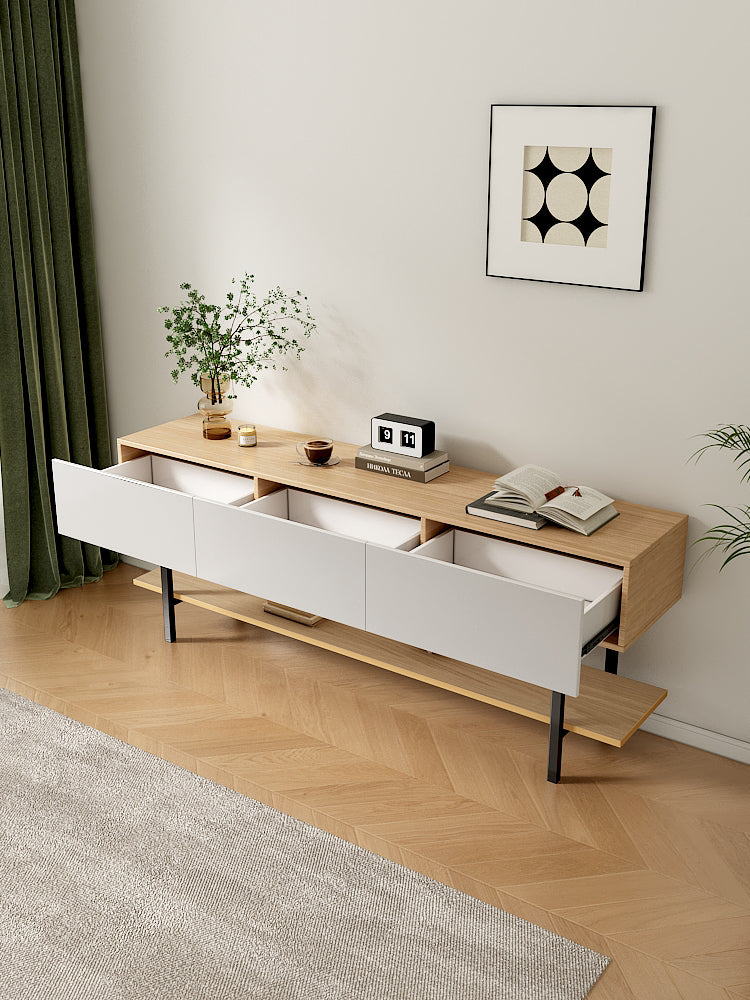 Natural Wood Color TV Stand with 3 Matte White Drawers