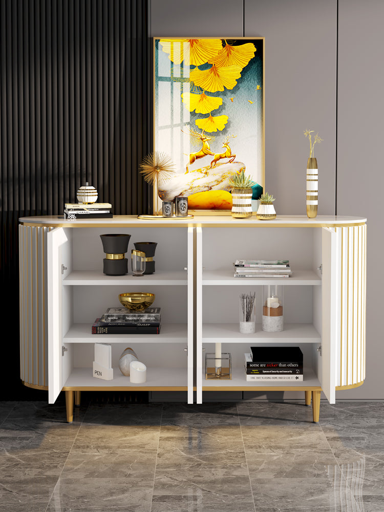 Modern White Display Cabinet Faux Marble Top Doors & Shelves Cabinet with 4 Doors