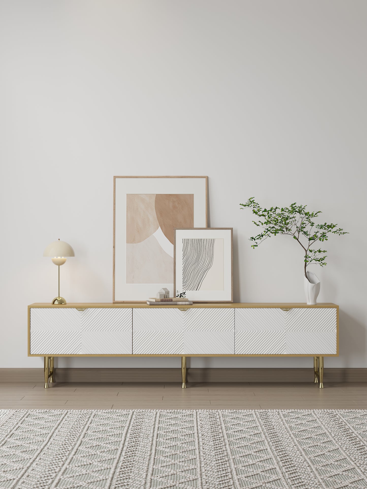 80" Modern Nordic Wooden TV Stand Fluted Design White & Gold with 3 Drawer for 80" TV