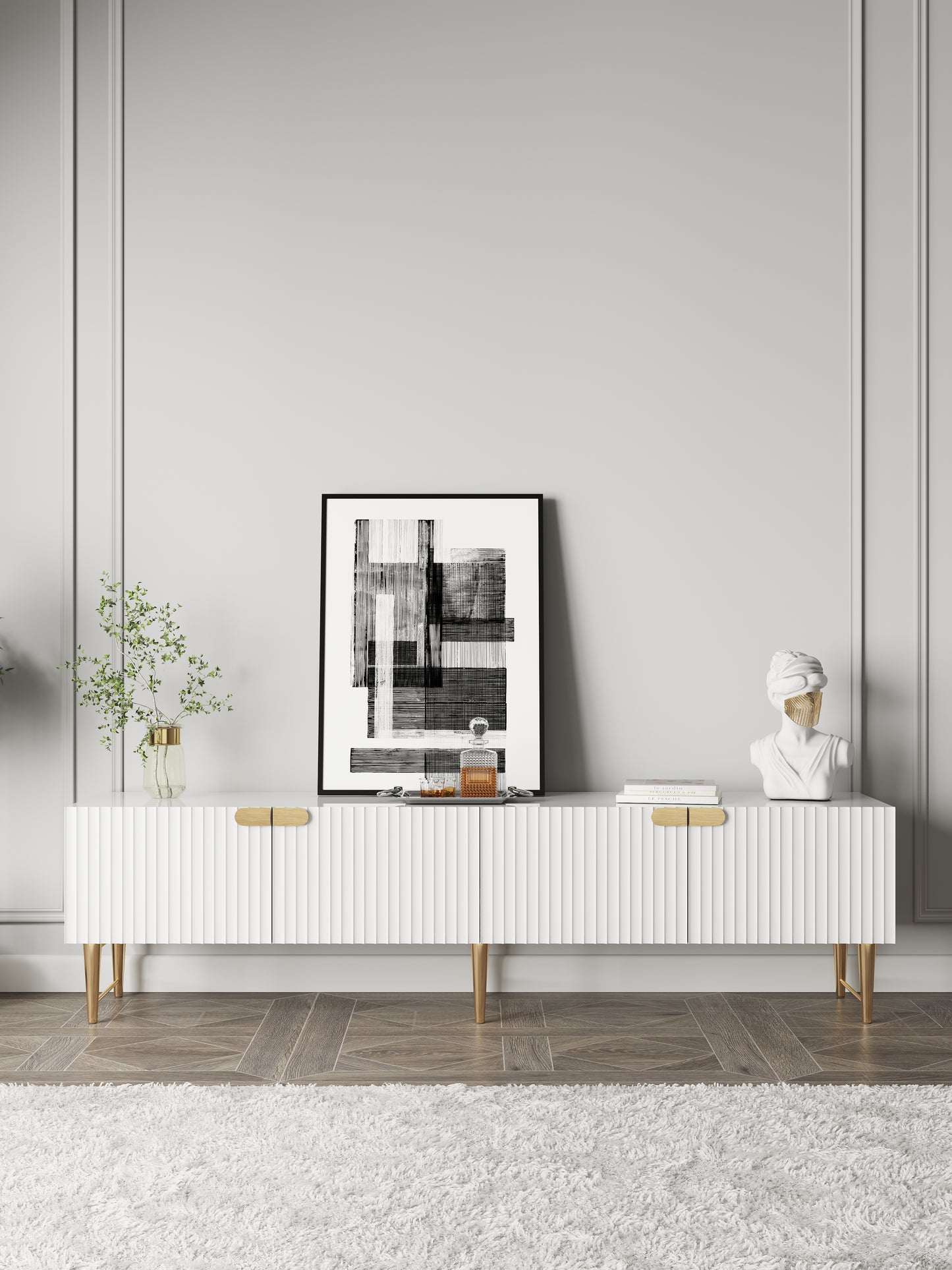 63" White TV Stand for 70 Inch TVs with Storage 4 Doors Gold Handles