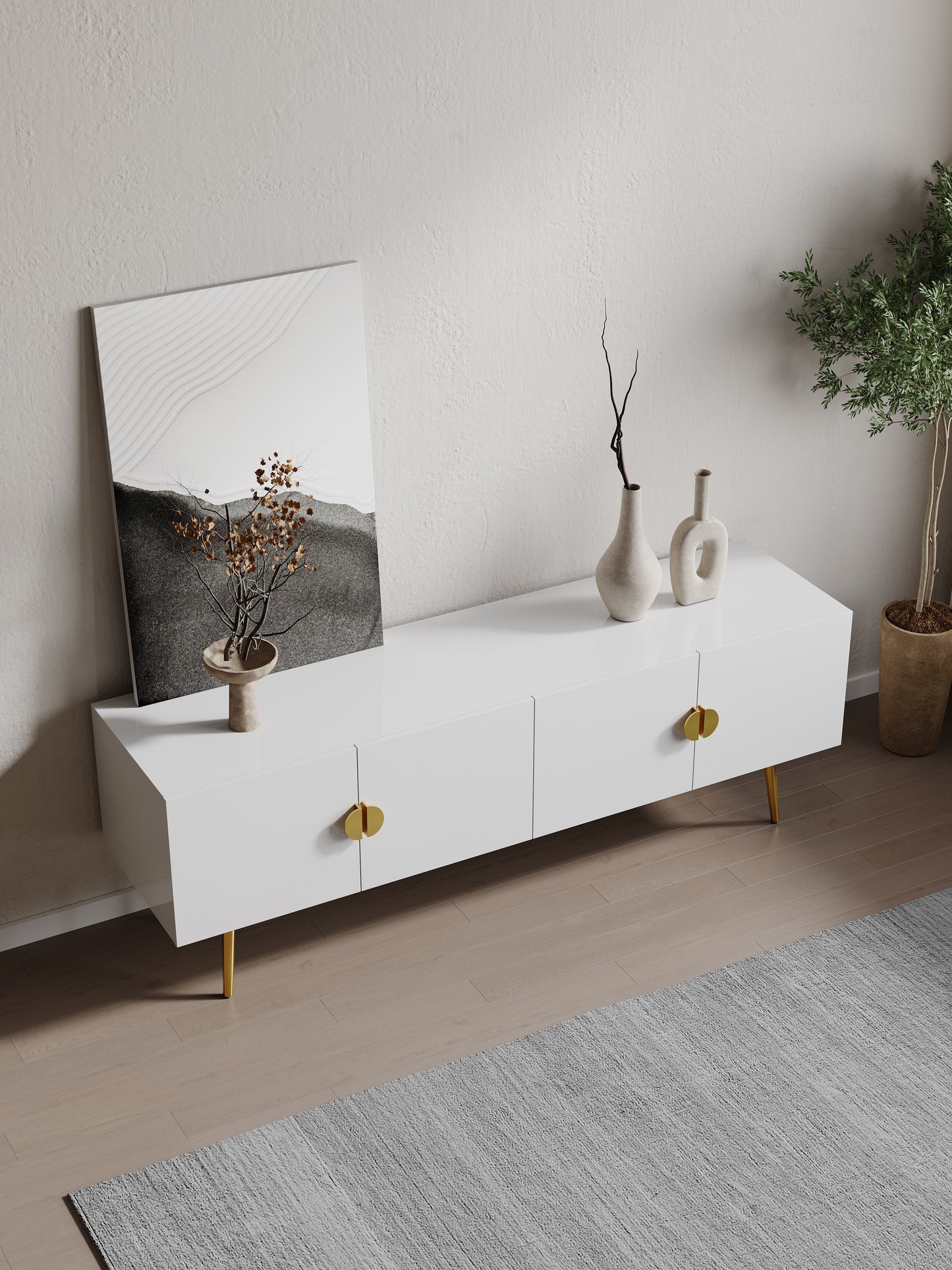 63" Minimalist Design Matte White TV Stand with Gold Accent