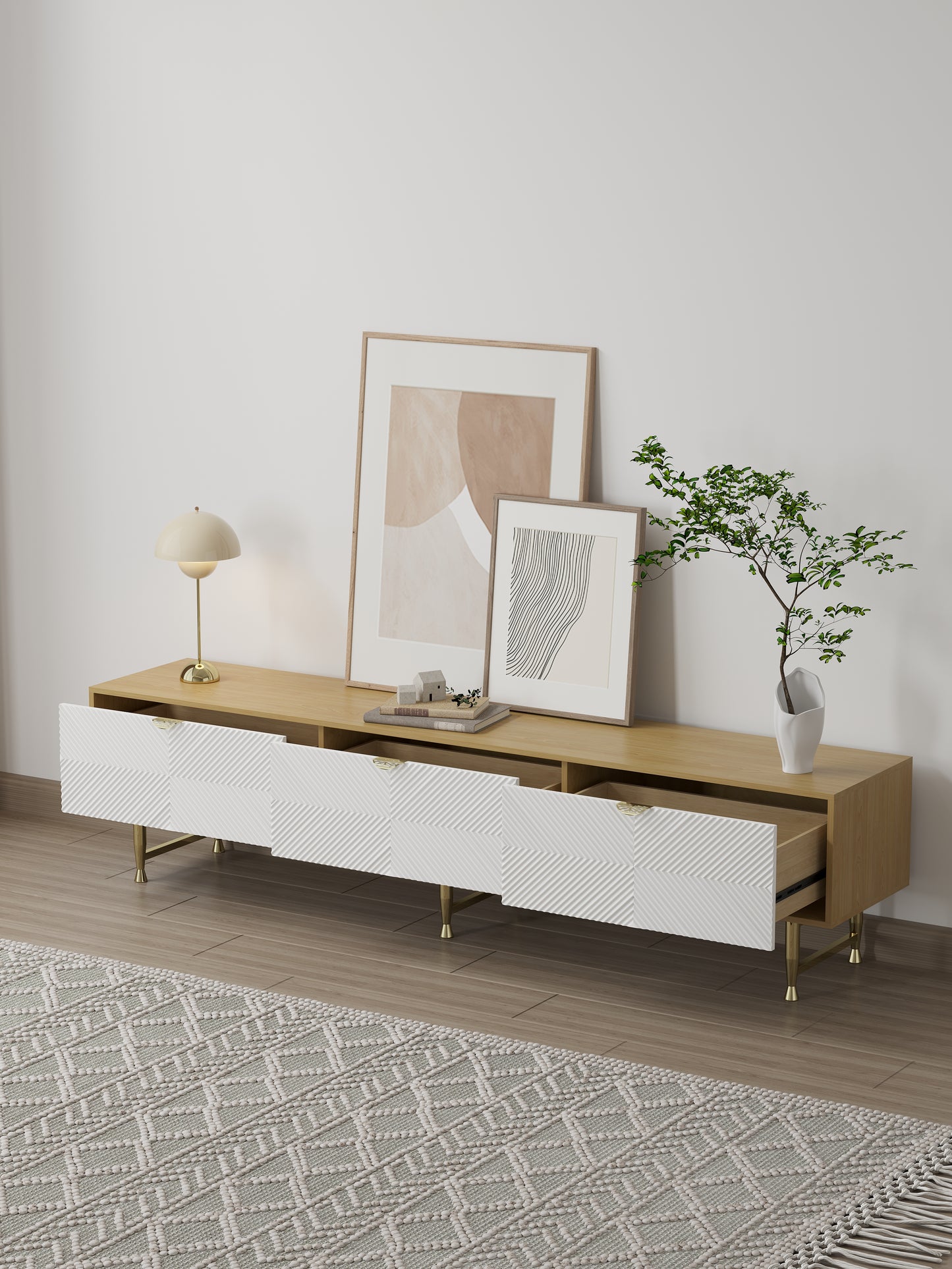 80" Modern Nordic Wooden TV Stand Fluted Design White & Gold with 3 Drawer for 80" TV