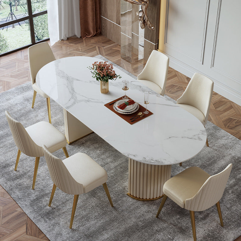 White Oval Sintered Stone Dining Table with Leather Base