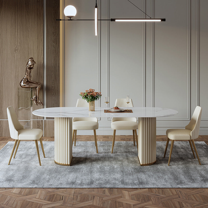 White Oval Sintered Stone Dining Table with Leather Base