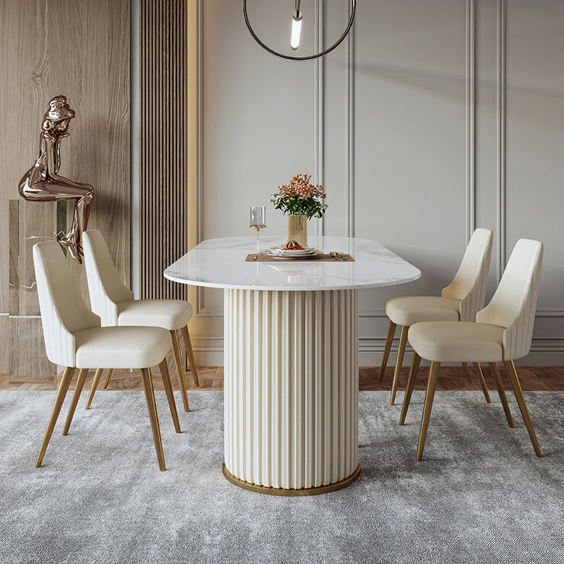 White Oval Sintered Stone Dining Table with Leather Base