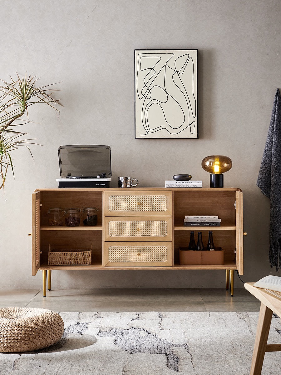Natural Rattan Kitchen Cabinet Sideboard with Doors&Shelves&Drawers