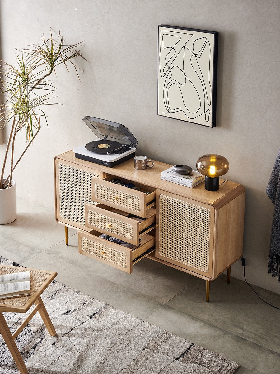 Natural Rattan Kitchen Cabinet Sideboard with Doors&Shelves&Drawers