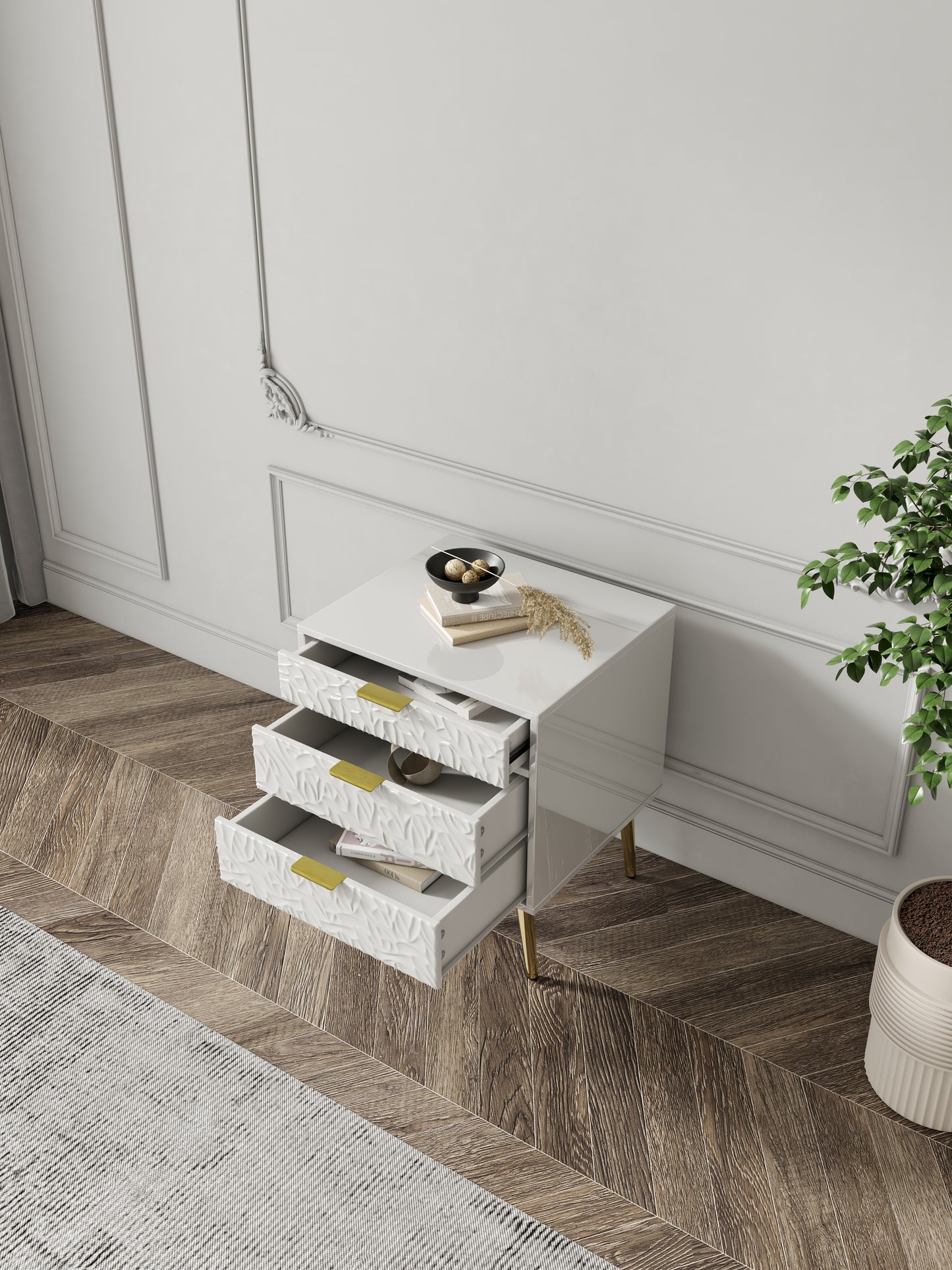 Modern Luxury White & Gold 3 Drawers Bedroom Nightstand