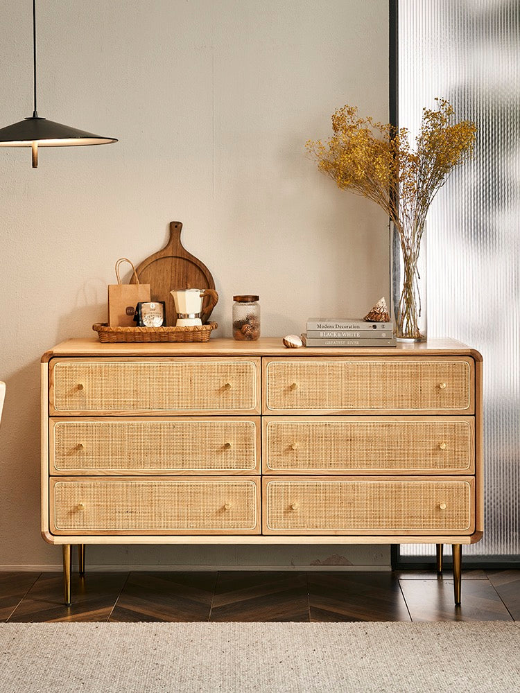 53" Mid Century Modern Natural Bedroom Dresser with 6 Drawers Rattan Woven in Gold