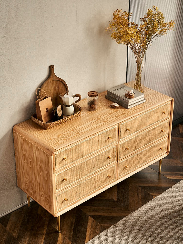 53" Mid Century Modern Natural Bedroom Dresser with 6 Drawers Rattan Woven in Gold