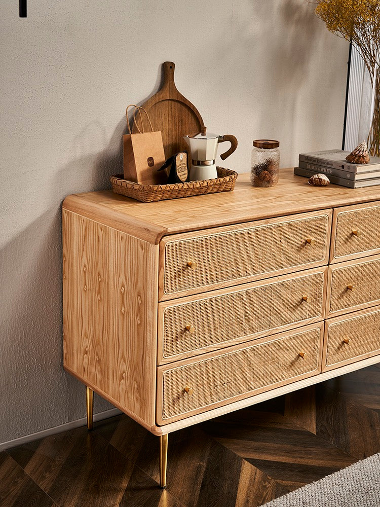 53" Mid Century Modern Natural Bedroom Dresser with 6 Drawers Rattan Woven in Gold