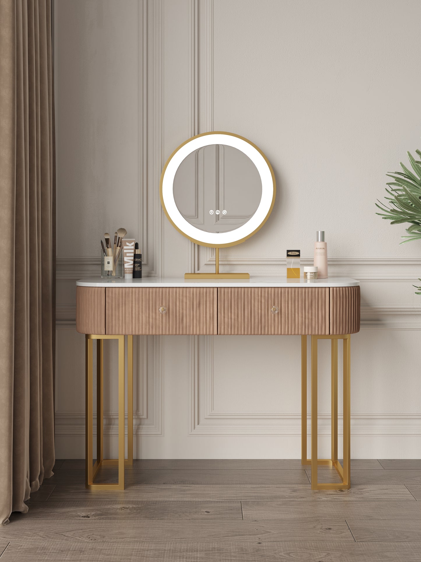 Velvet Vanity Makeup Table with 3-Color Lighted Mirror