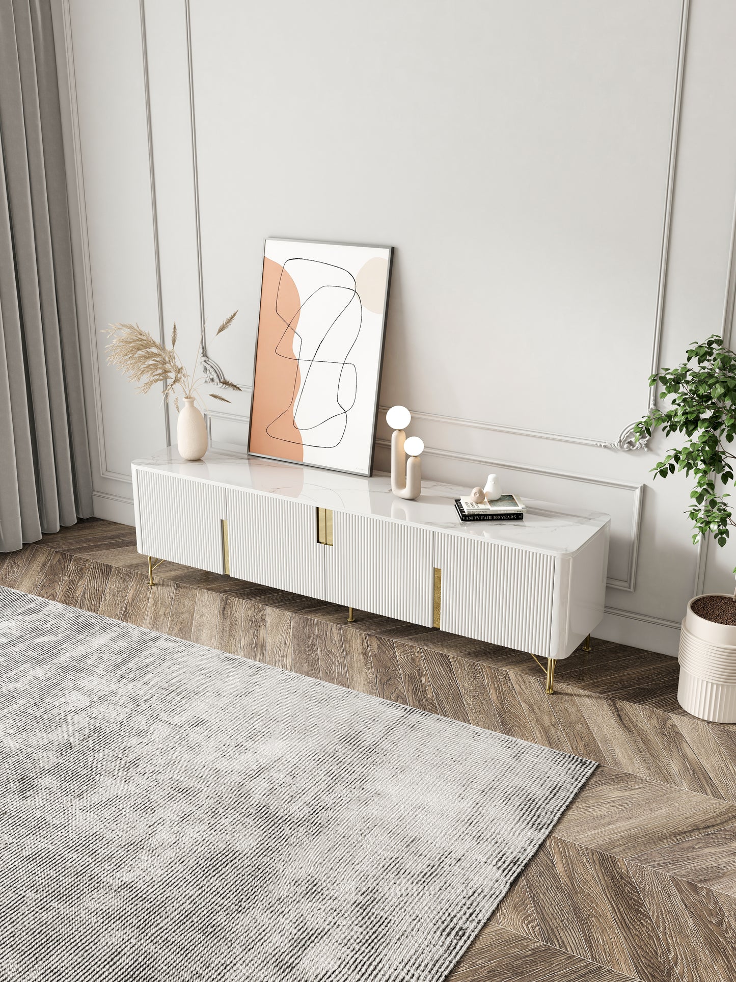 Modern TV Stand Stone Top 4 Doors with Storage Media Console for TVs up to 85"