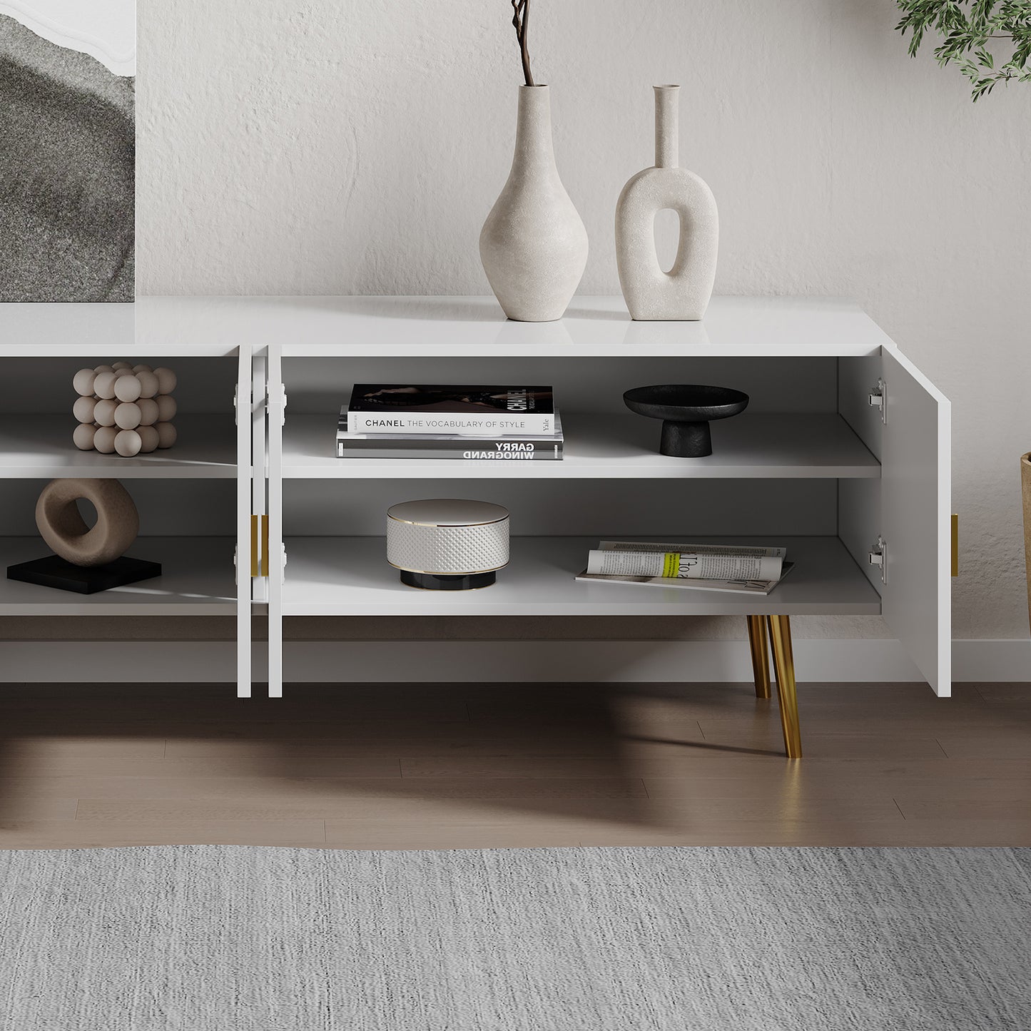 63" Minimalist Design Matte White TV Stand with Gold Accent