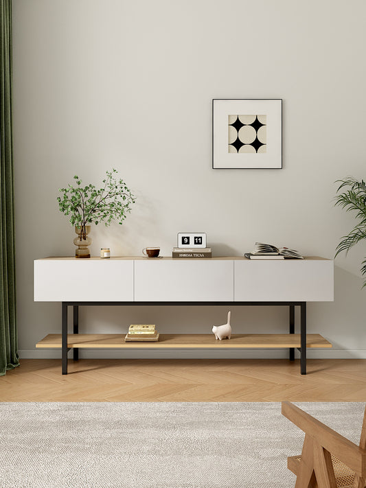 Natural Wood Color TV Stand with 3 Matte White Drawers