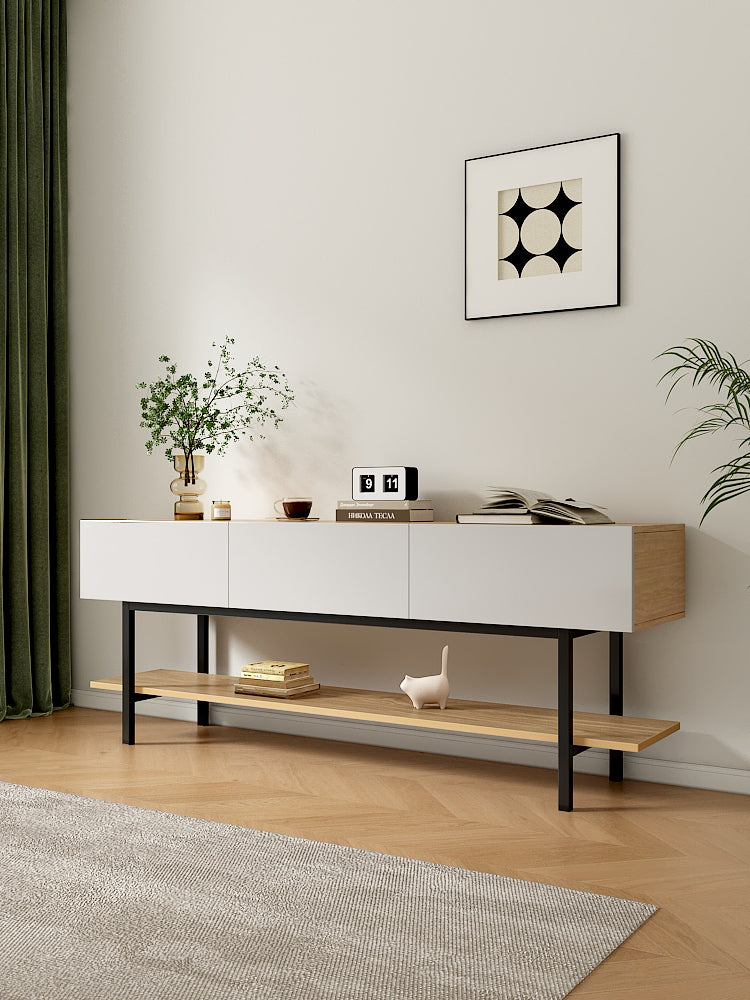 Natural Wood Color TV Stand with 3 Matte White Drawers