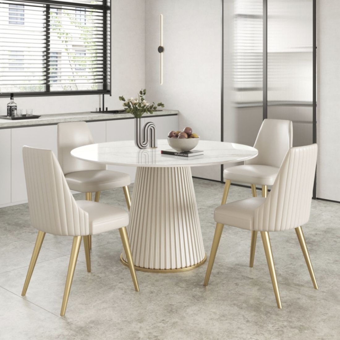 47"Modern Round Dining Table with White Sintered Stone Tabletop and Leather Base