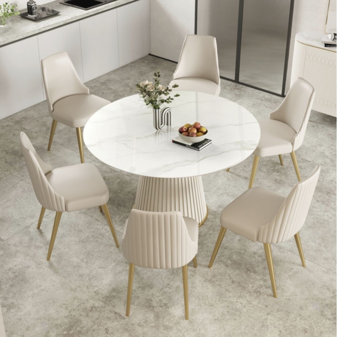 47"Modern Round Dining Table with White Sintered Stone Tabletop and Leather Base