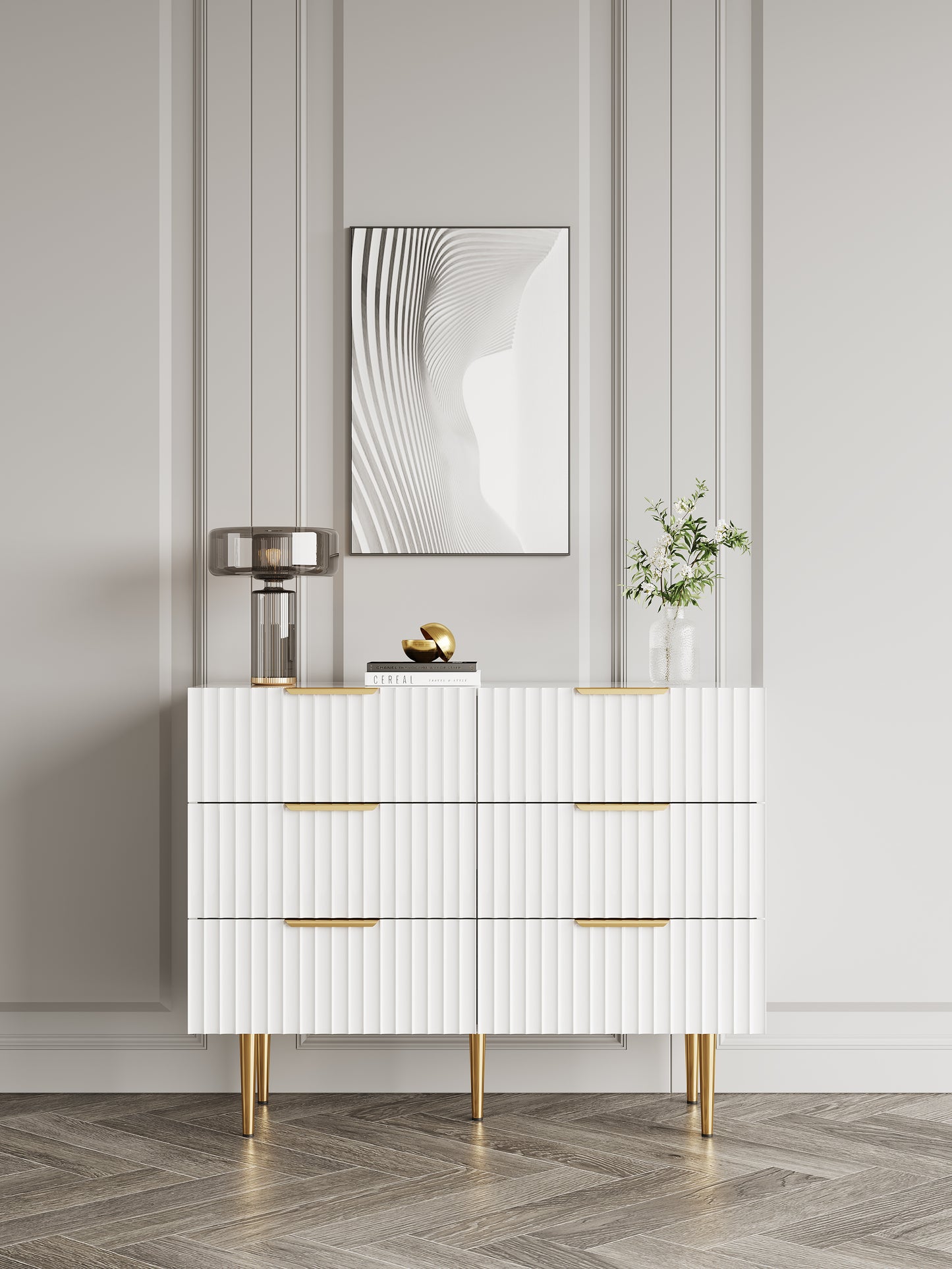 Minimalist Slatted White Bedroom Dresser with 6 Drawers