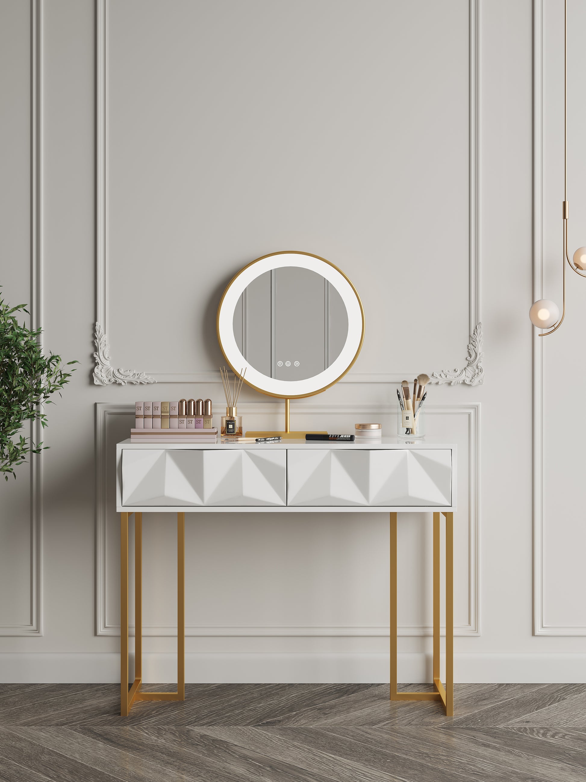 Modern White Makeup Vanity 2 Drawers Dressing Table with Lighted Mirro HOME360 Modern White Makeup Vanity 2 Drawers Dressing Table with Lighted Mirro HOME360