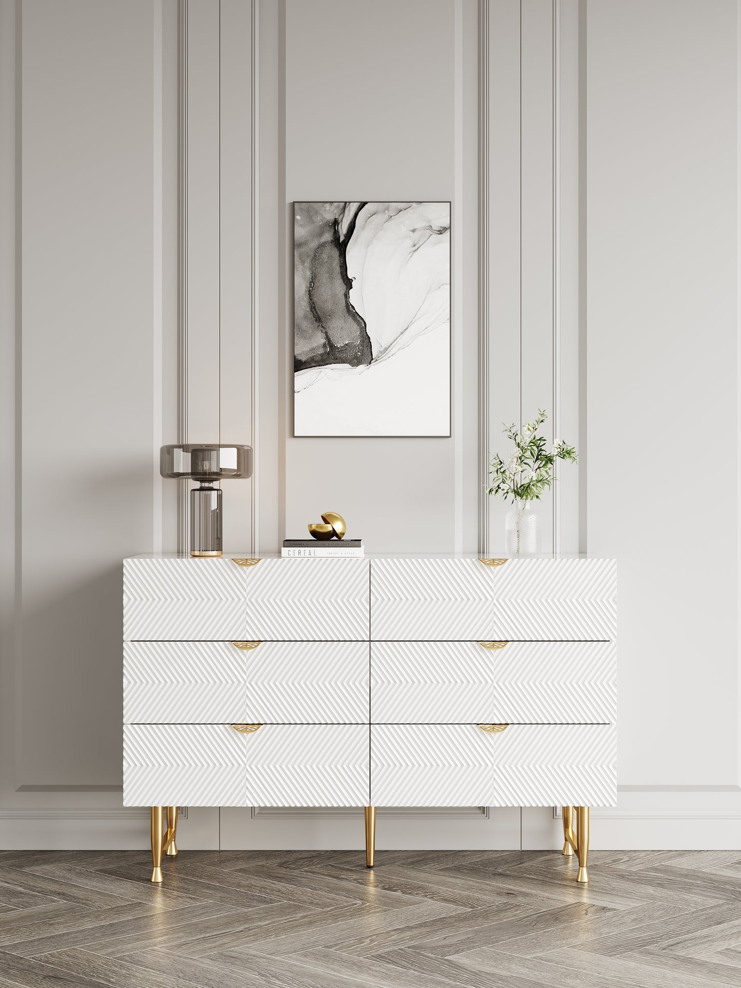 Modern White Double Dresser with 6 Solid Wood Drawers and Stainless Steel Leg