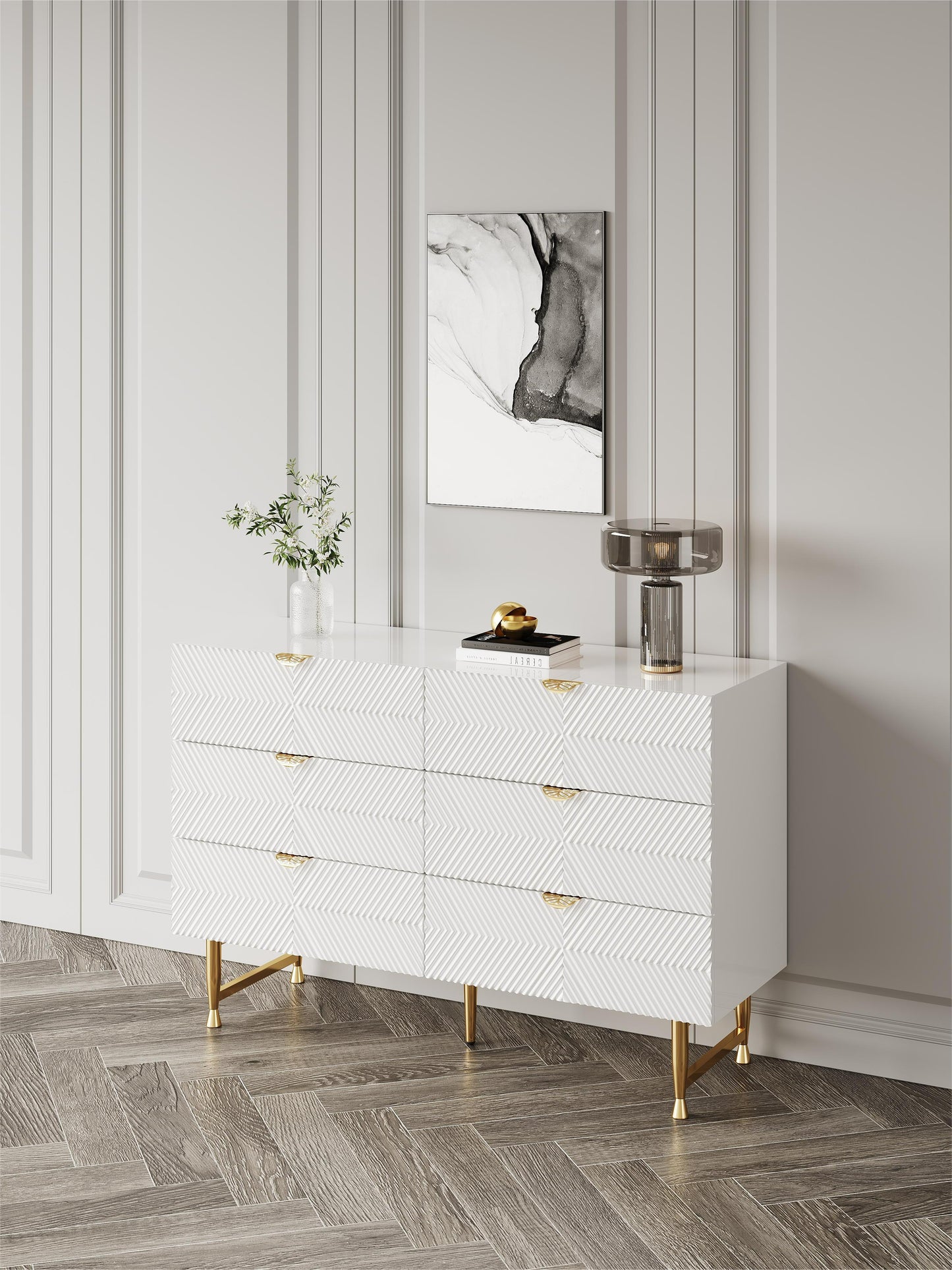 Modern White Double Dresser with 6 Solid Wood Drawers and Stainless Steel Leg