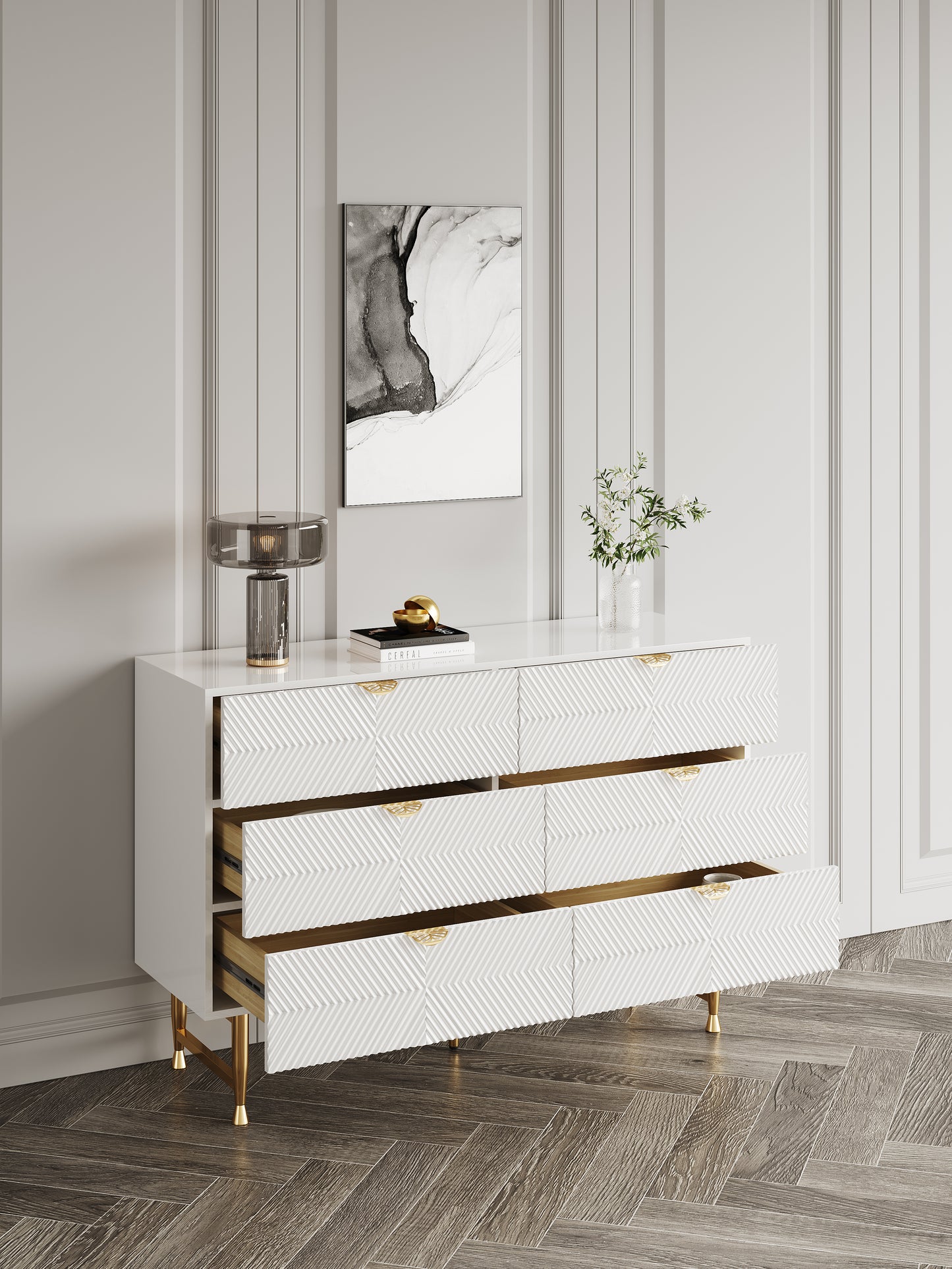 Modern White Double Dresser with 6 Solid Wood Drawers and Stainless Steel Leg