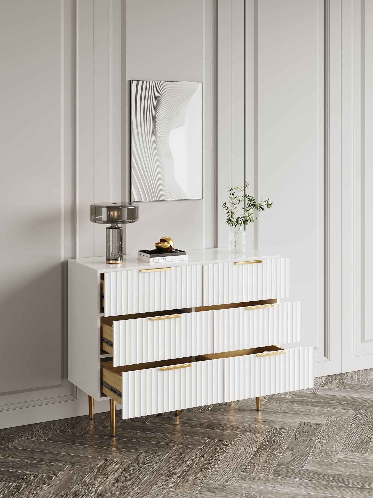 Minimalist Slatted White Bedroom Dresser with 6 Drawers