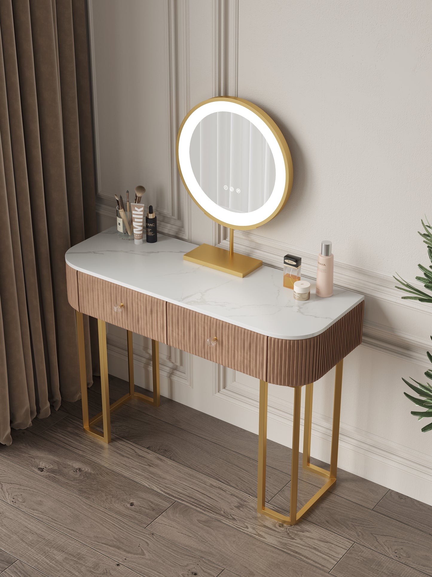 Velvet Vanity Makeup Table with 3-Color Lighted Mirror