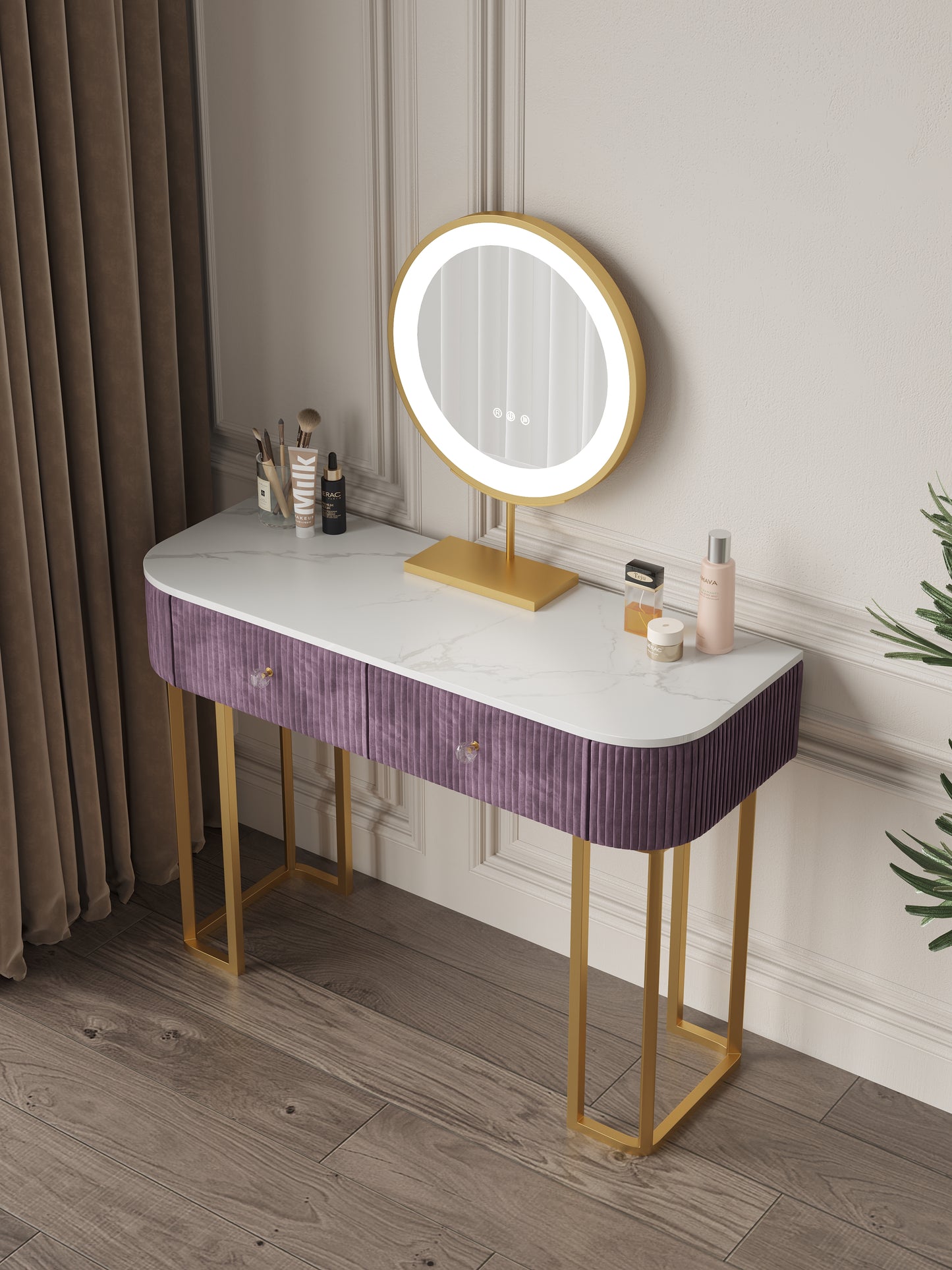 Velvet Vanity Makeup Table with 3-Color Lighted Mirror