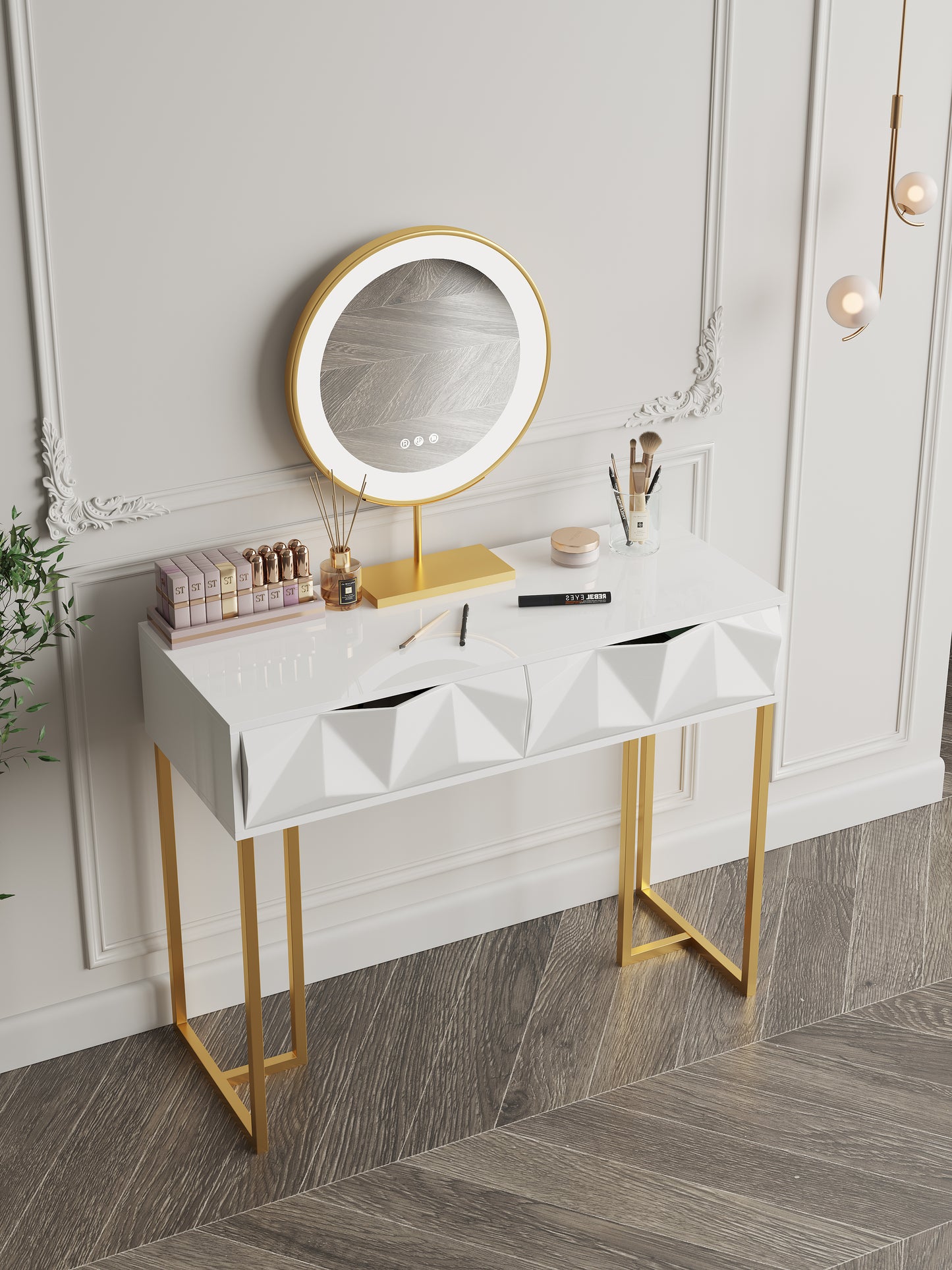 Modern White Makeup Vanity 2 Drawers Dressing Table with Lighted Mirror