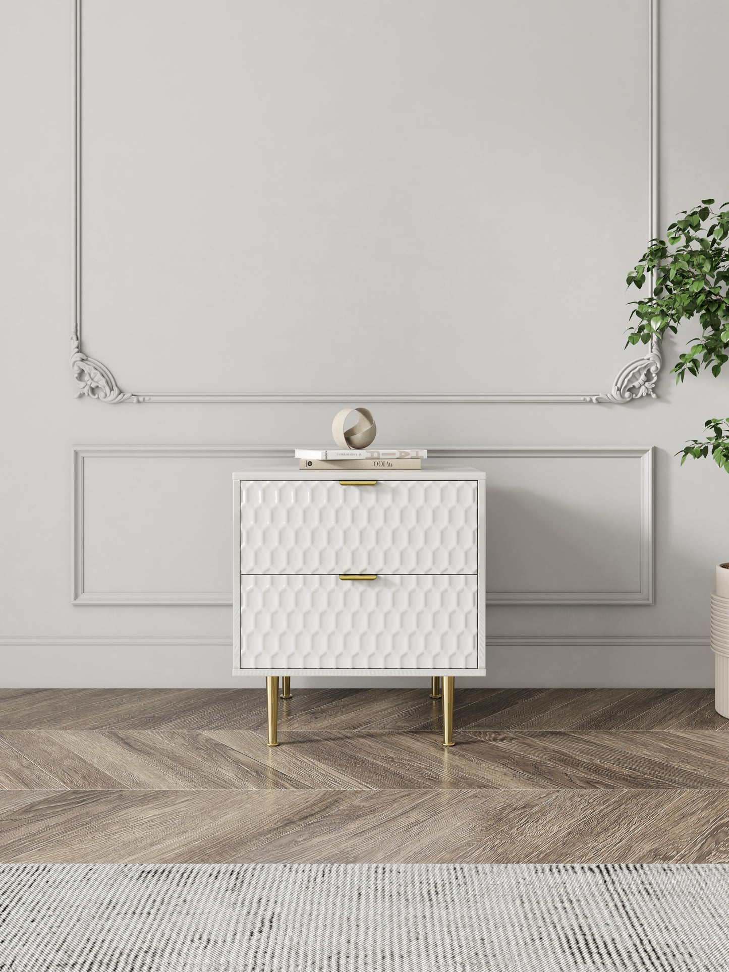 Contemporary Chic Two-Drawer Nightstand with Tapered Legs and White Finish