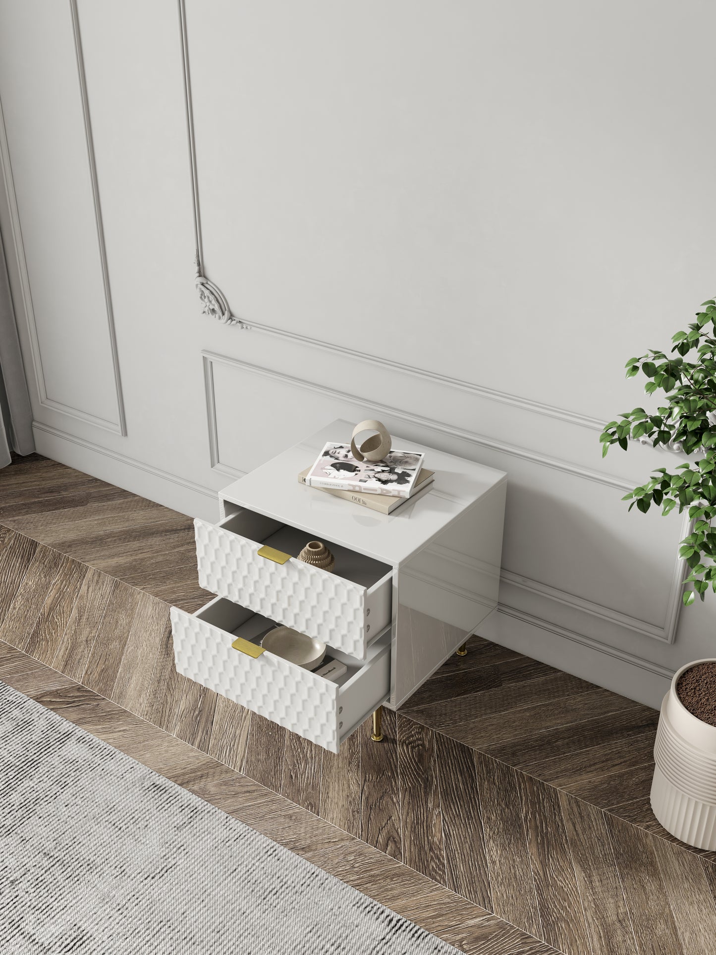 Contemporary Chic Two-Drawer Nightstand with Tapered Legs and White Finish