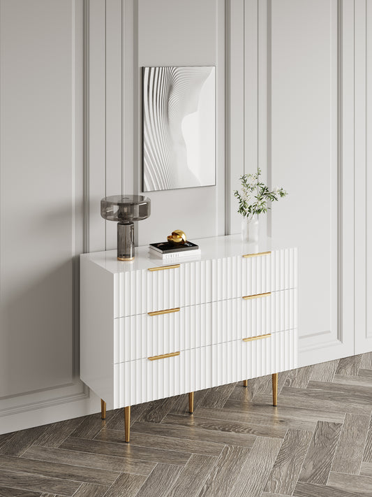 Minimalist Slatted White Bedroom Dresser with 6 Drawers