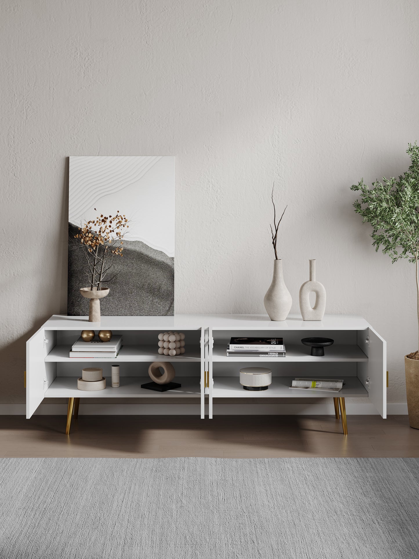 63" Minimalist Design Matte White TV Stand with Gold Accent