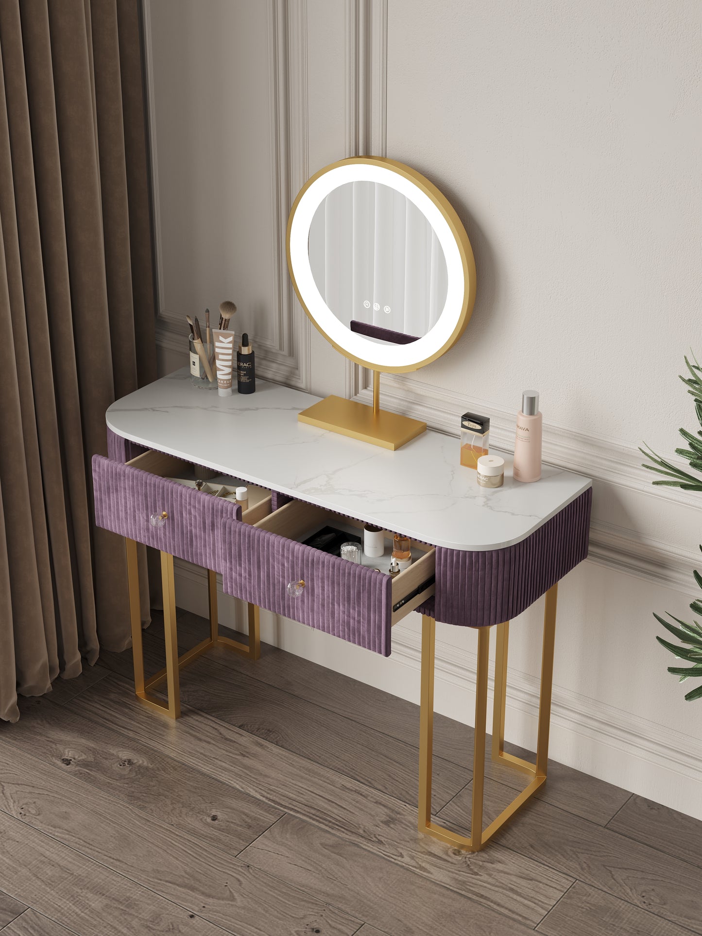 Velvet Vanity Makeup Table with 3-Color Lighted Mirror