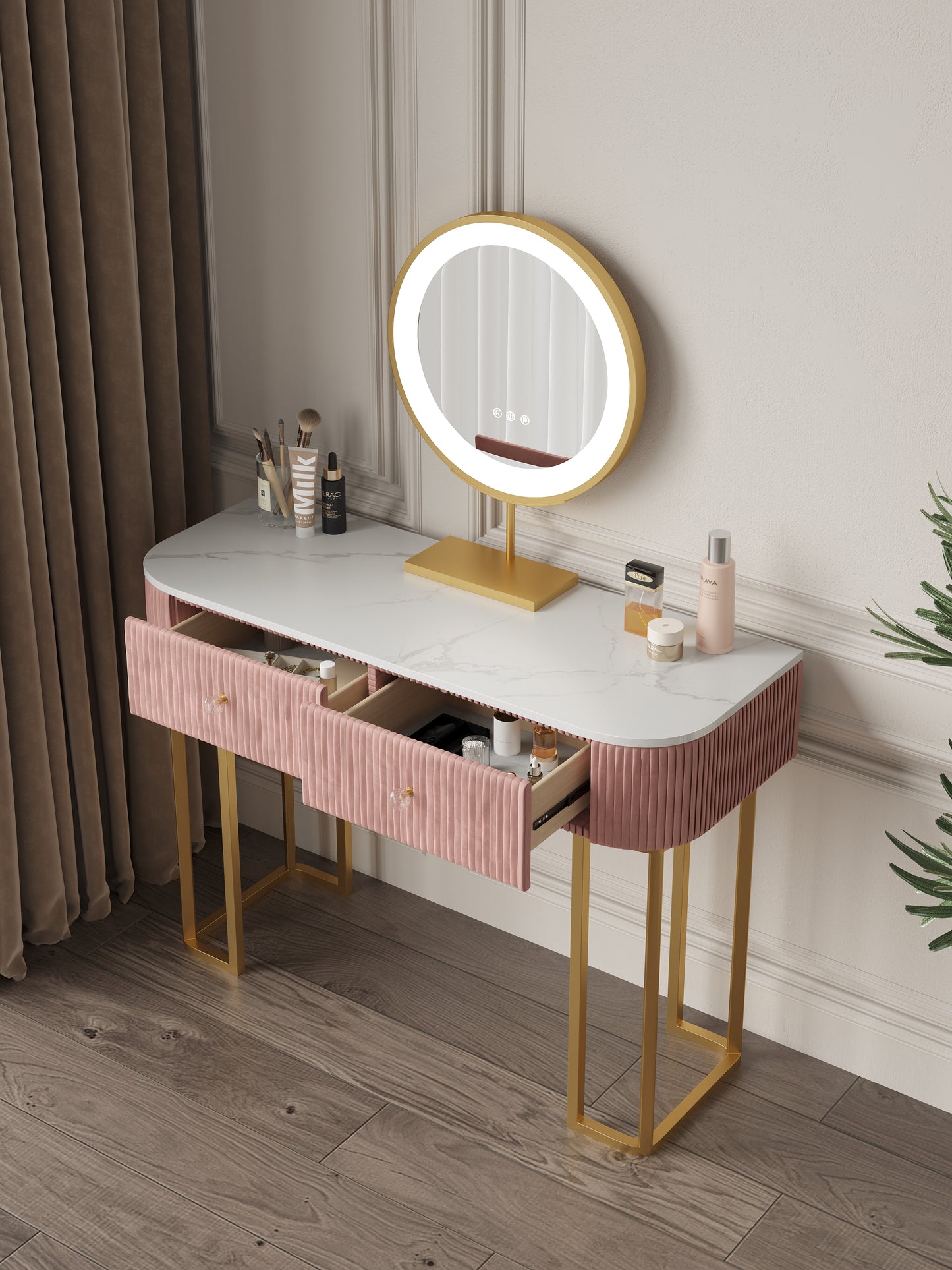 Velvet Vanity Makeup Table with 3-Color Lighted Mirror