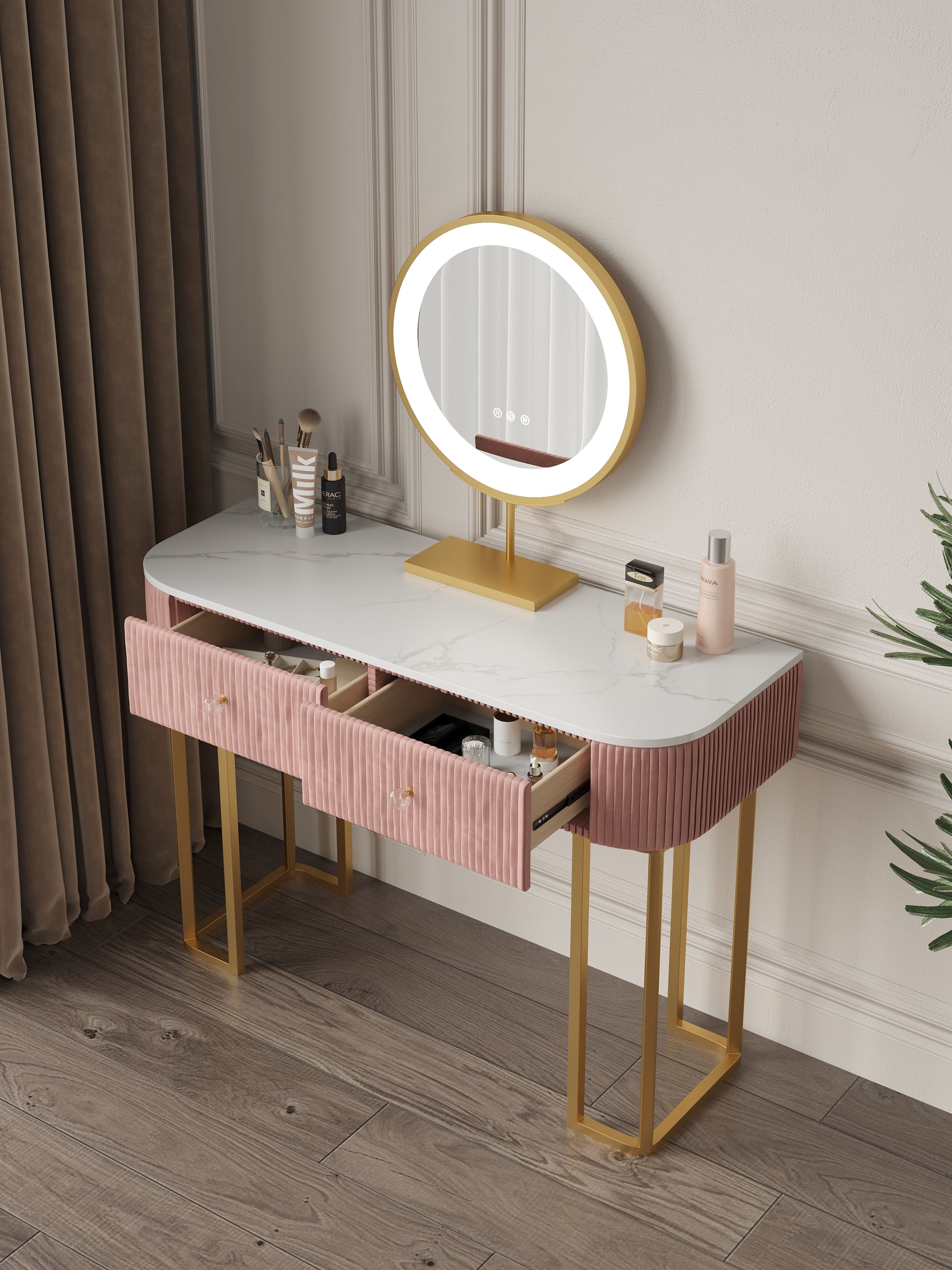Modern Velvet Upholstered Makeup Vanity Table Expandable Dressing Table  with Cabinet