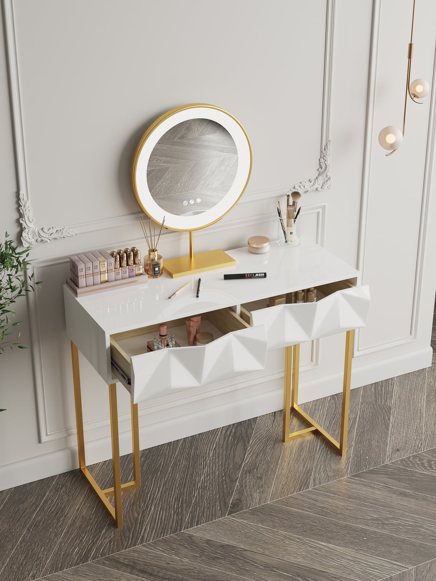 Modern White Makeup Vanity 2 Drawers Dressing Table with Lighted Mirror