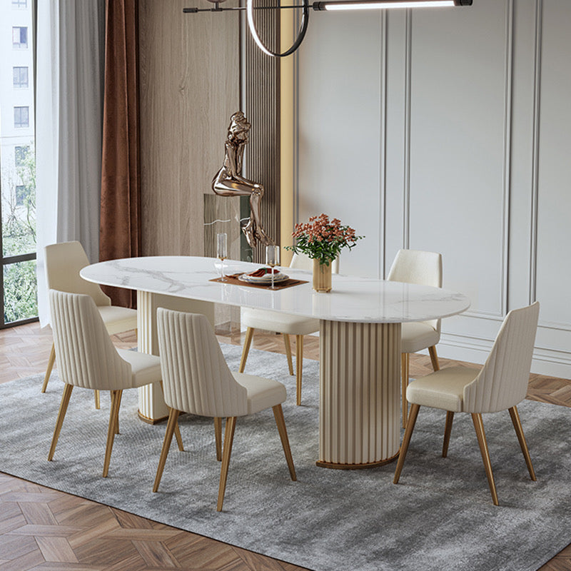 White Oval Sintered Stone Dining Table with Leather Base