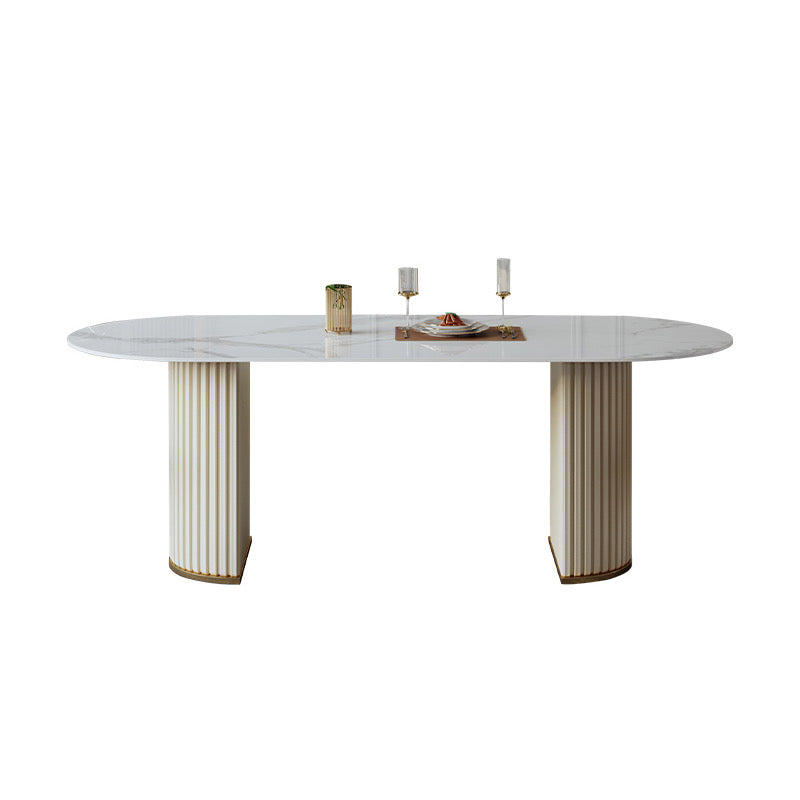 White Oval Sintered Stone Dining Table with Leather Base