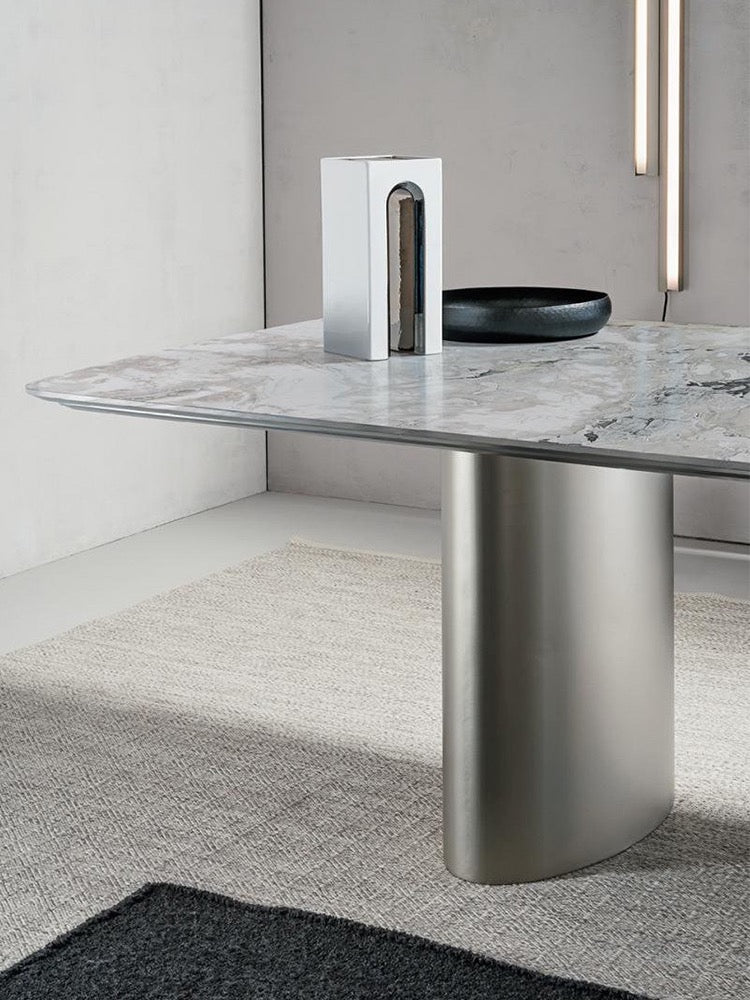 Modern Silver Dining Table with Stone Top & Steel Trestle