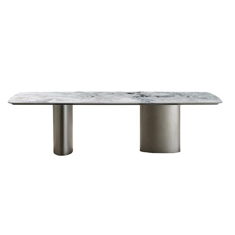 Modern Silver Dining Table with Stone Top & Steel Trestle