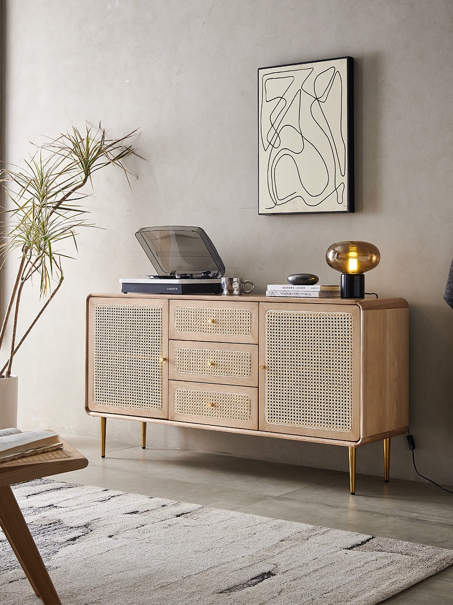 Natural Rattan Kitchen Cabinet Sideboard with Doors&Shelves&Drawers