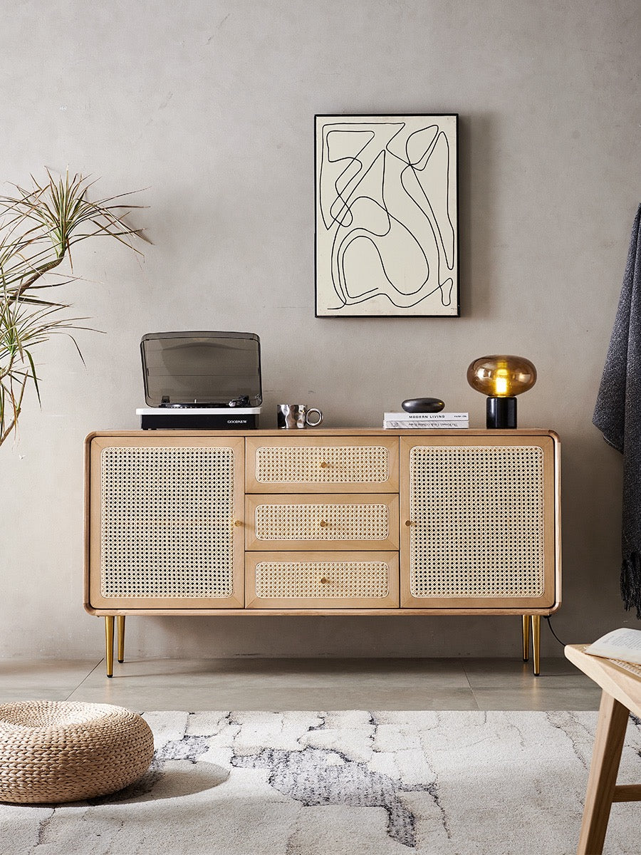 Natural Rattan Kitchen Cabinet Sideboard with Doors&Shelves&Drawers