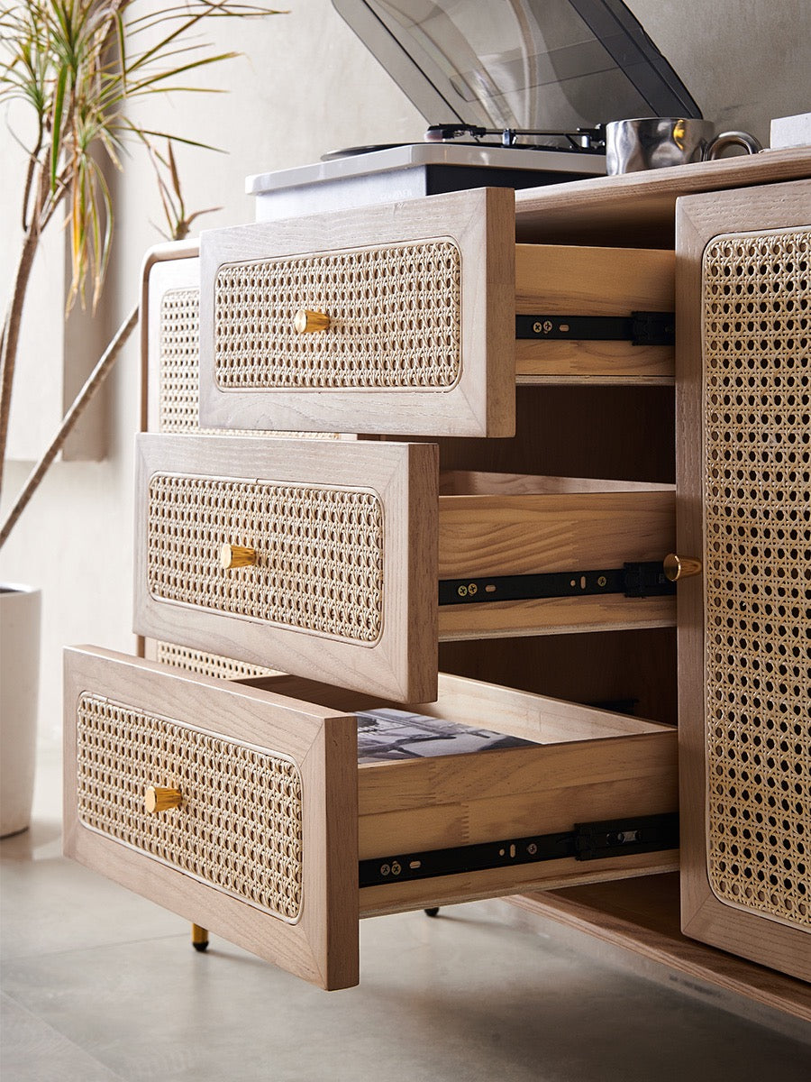 Natural Rattan Kitchen Cabinet Sideboard with Doors&Shelves&Drawers