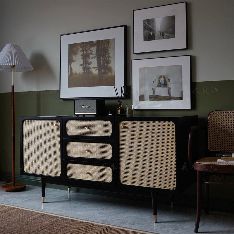 Modern Cane Sideboard Buffet Cabinet with 2 Rattan Door 3 Drawers Pine Wood