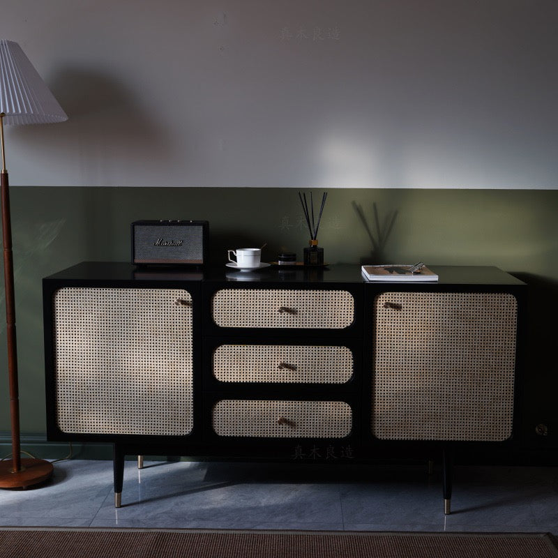 Modern Cane Sideboard Buffet Cabinet with 2 Rattan Door 3 Drawers Pine Wood