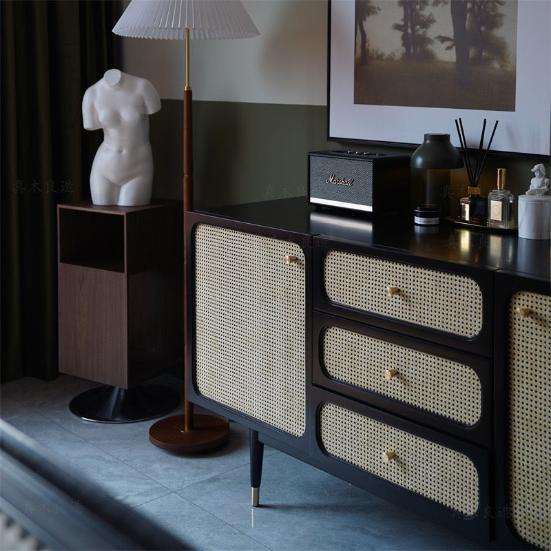 Modern Cane Sideboard Buffet Cabinet with 2 Rattan Door 3 Drawers Pine Wood