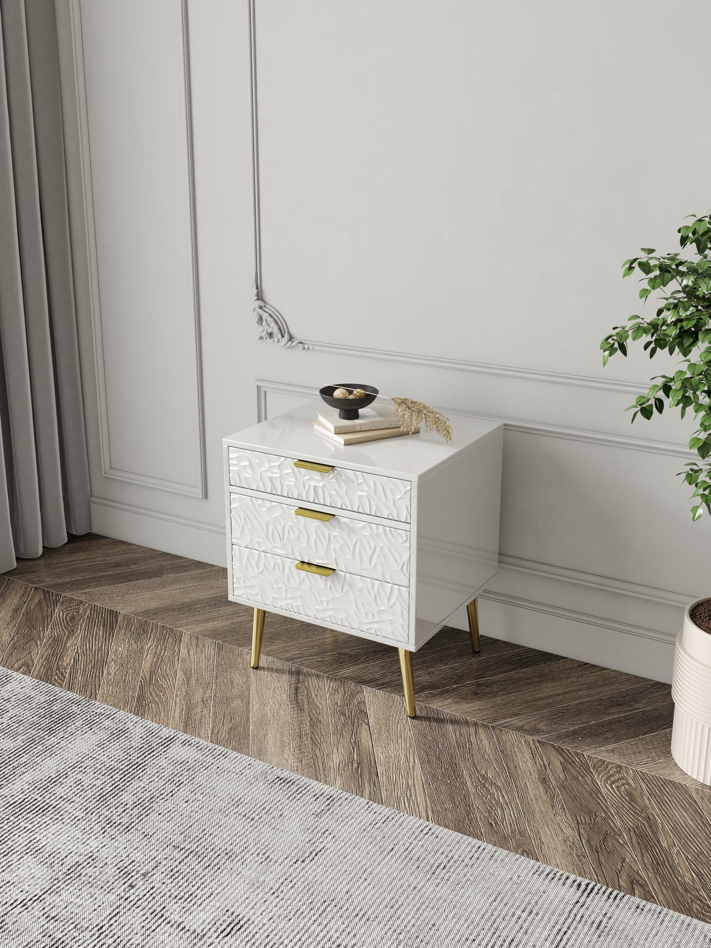 Modern Luxury White & Gold 3 Drawers Bedroom Nightstand